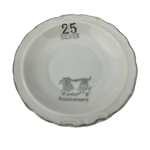 Vintage 25th Silver Anniversary Trinket Dish Wedding Bells Ring Dish 4.5 Inch - Picture 7 of 7